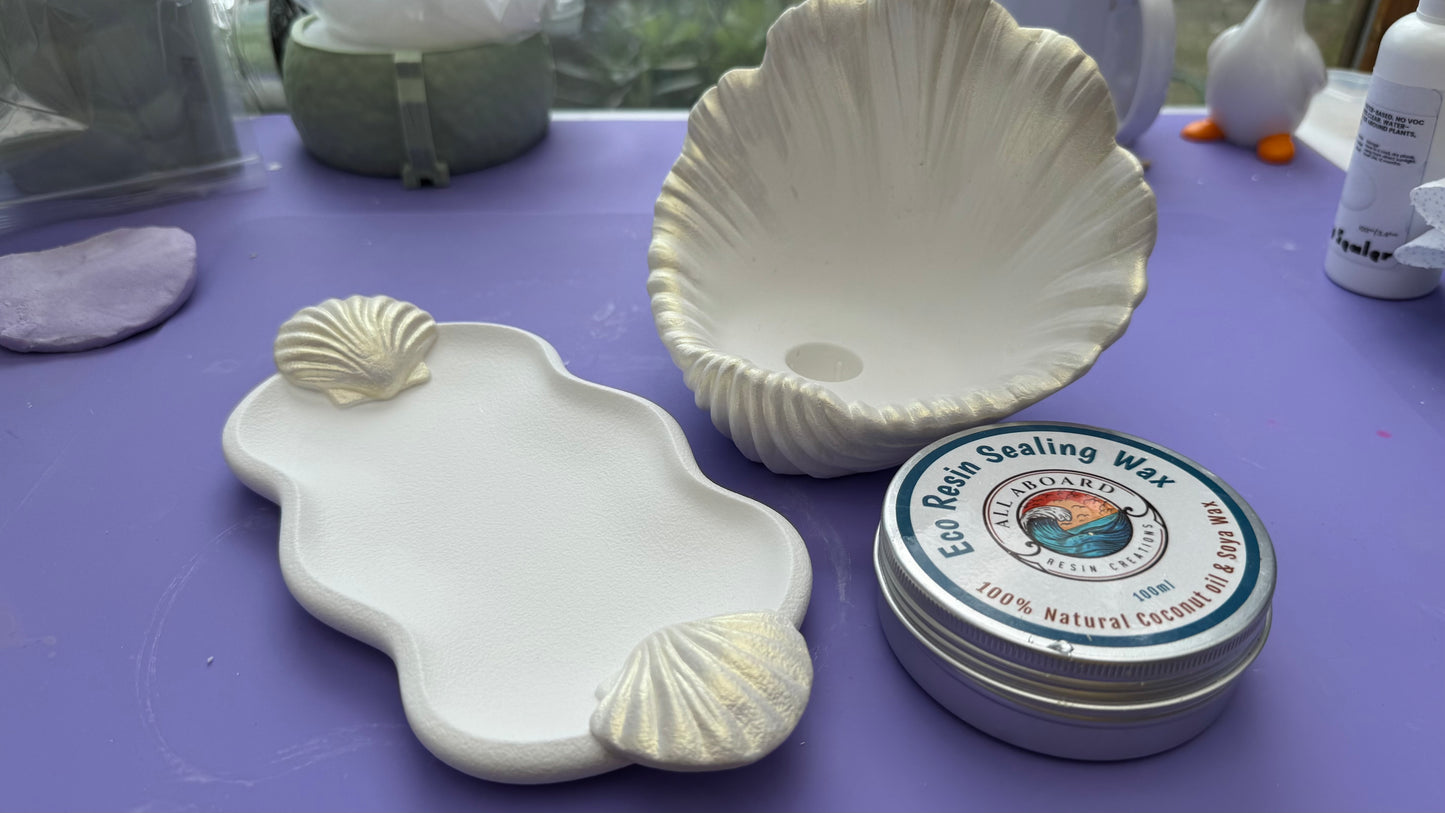 White and  Gold Tray and Candle Holder